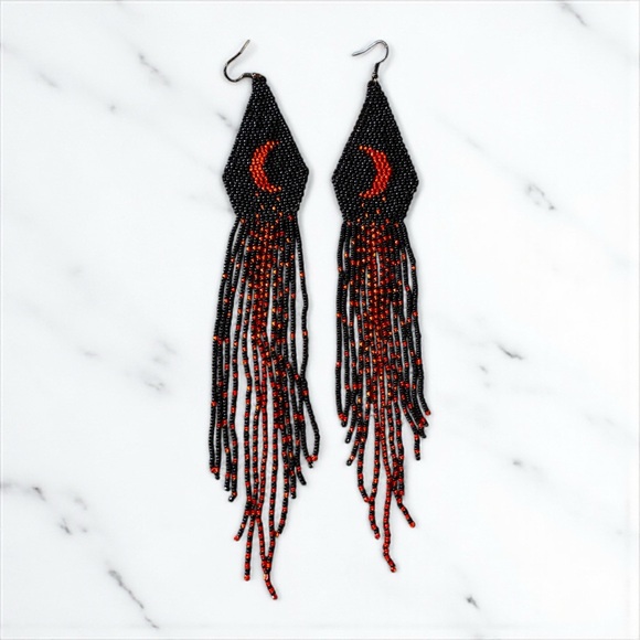 Hand Beaded Black/Red Extra Long Boho Crescent Moon Earrings - Picture 7 of 16